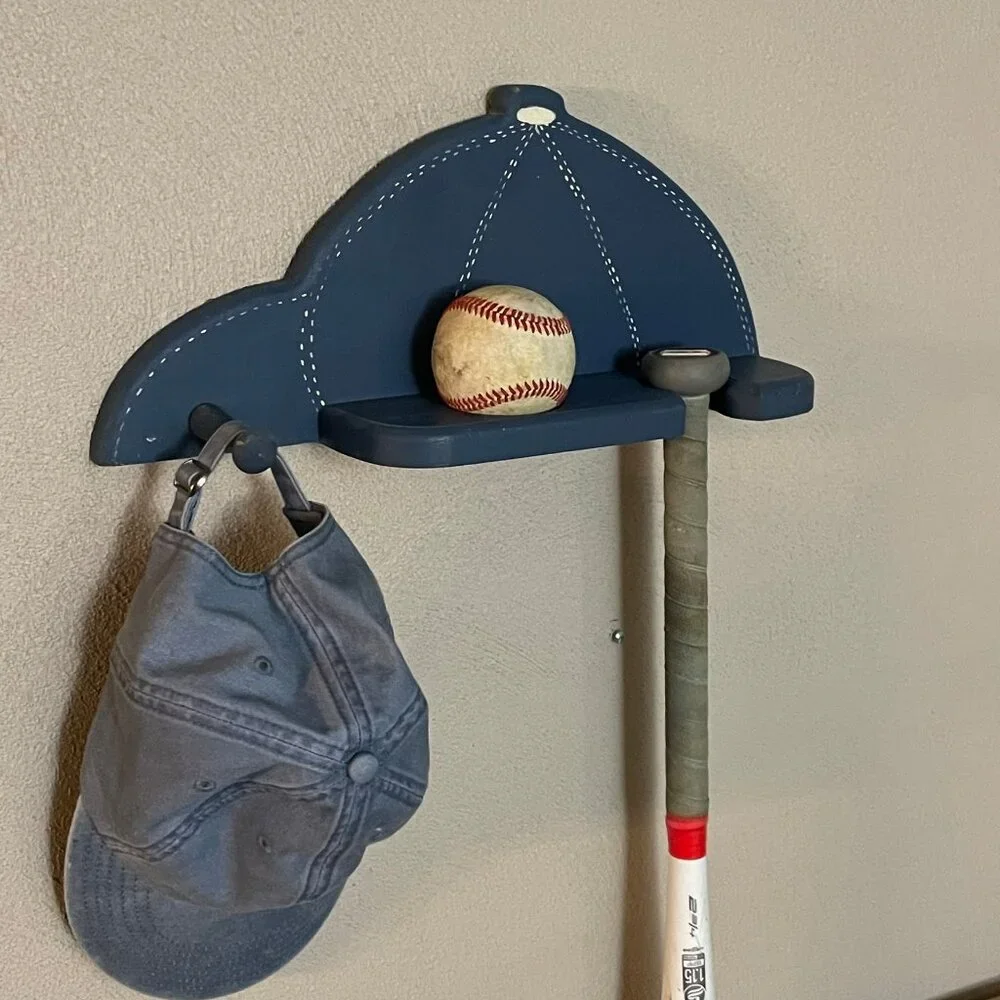 Wall Mounted Wooden Baseball Bat Rack Display Holder and Hat Hook Blue
